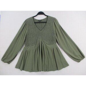 Torrid Womens Olive Green Long Sleeve Smocked Babydoll Top Size 1  Rayon